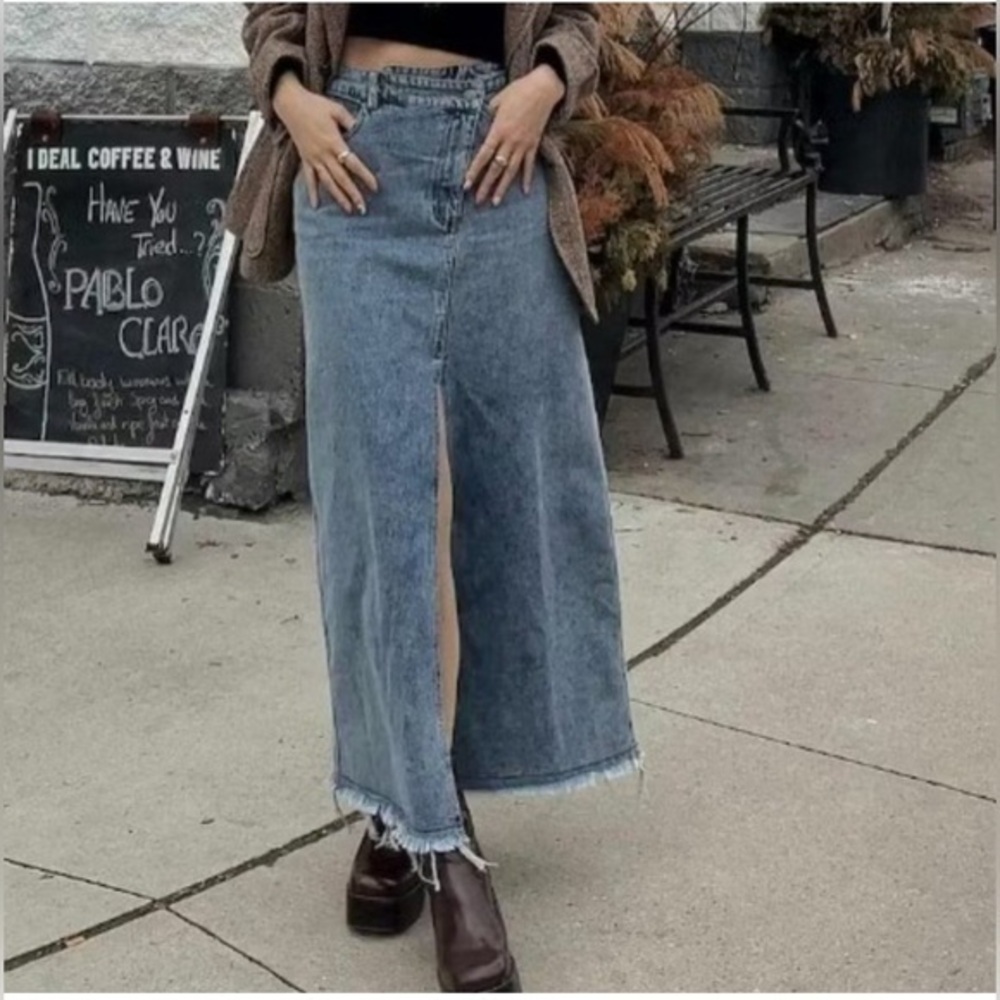 COMMENSE Asymmetrical Button Pockets Slit Denim Maxi Skirt Size XS